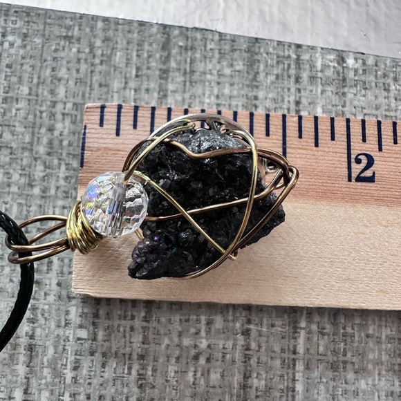 Handmade Fools Gold Pendant Wire Wrapped Black Stone Necklace 4360 P - Picture 7 of 9